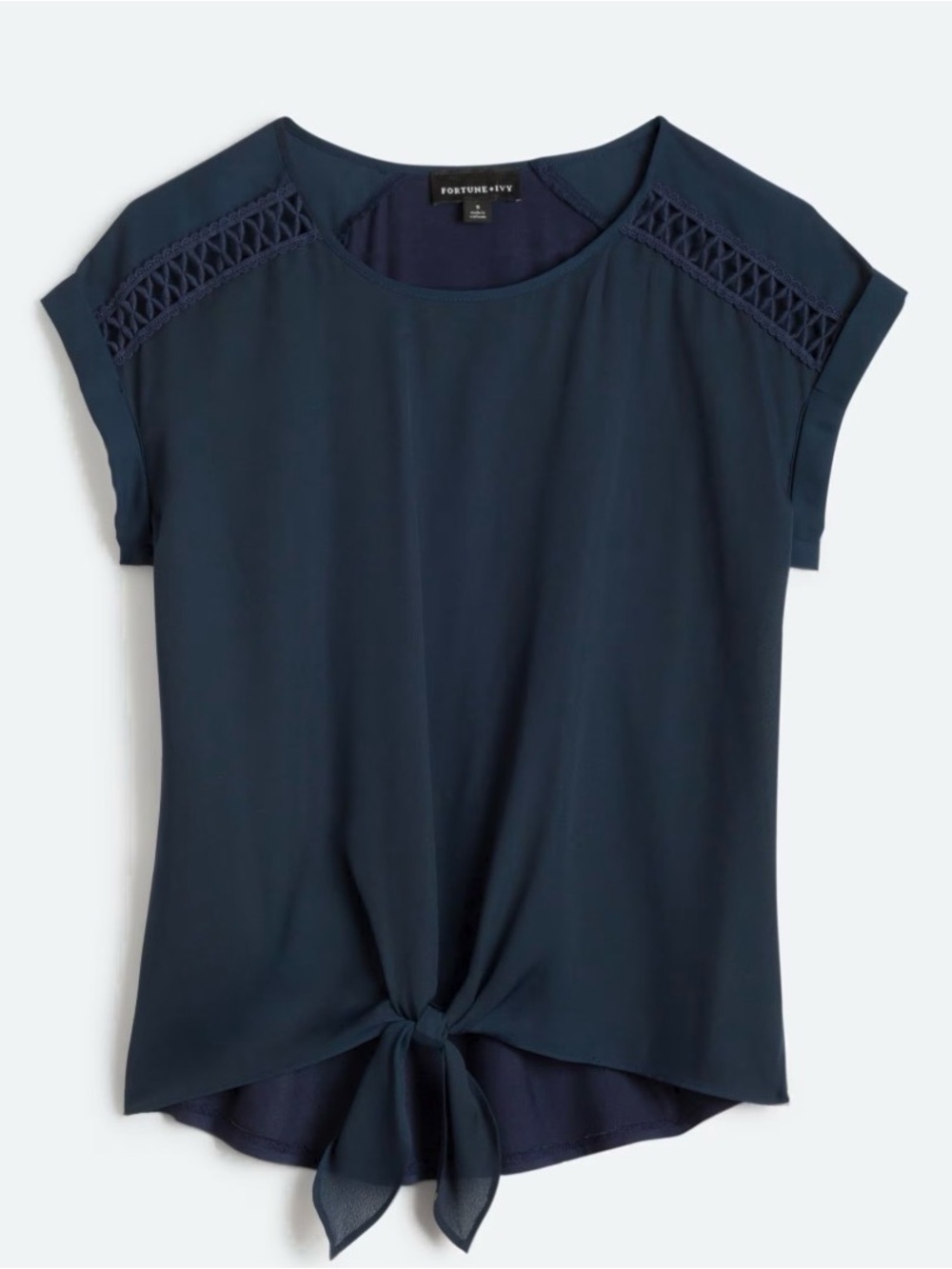 Fortune & Ivy Navy Knot-Front Cap Sleeve Blouse